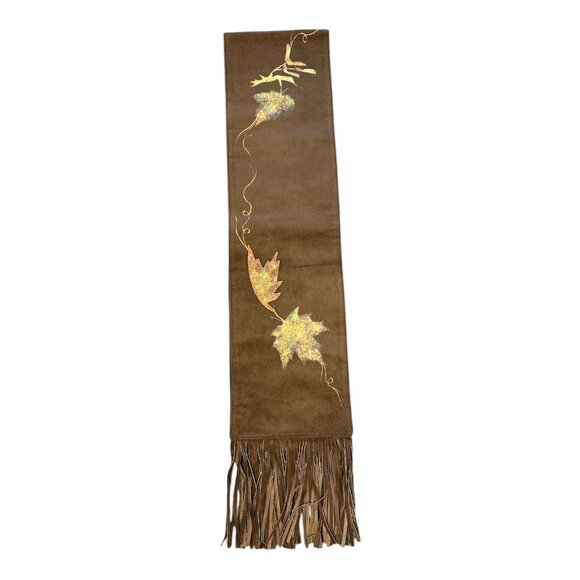 Brown Suede Fringed Scarf With Leaf Embroidery By Strévé Canada - Picture 3 of 8